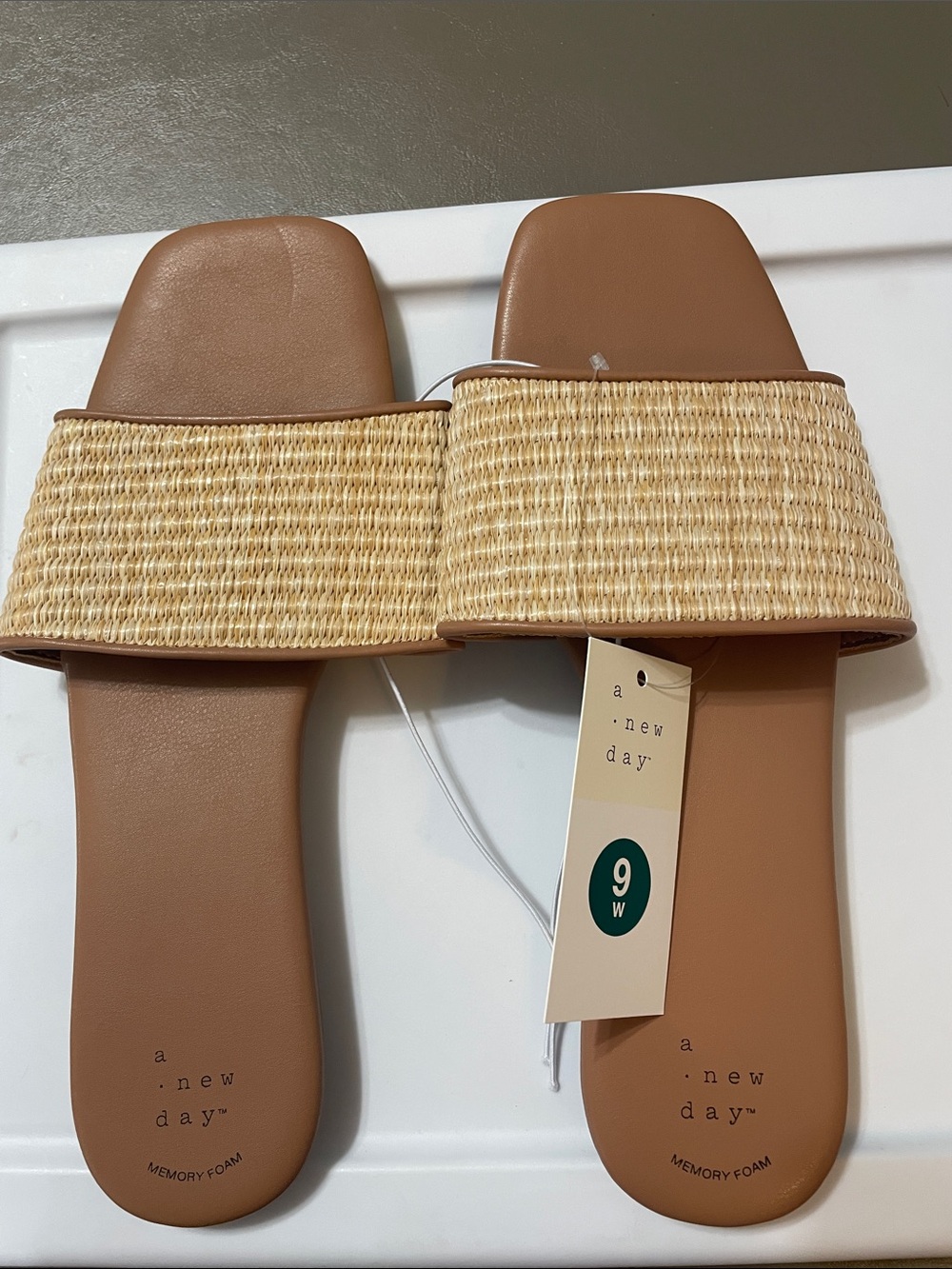 a new day Tan woven  Wide-Band Slide Sandals NWT Sz. 9 W